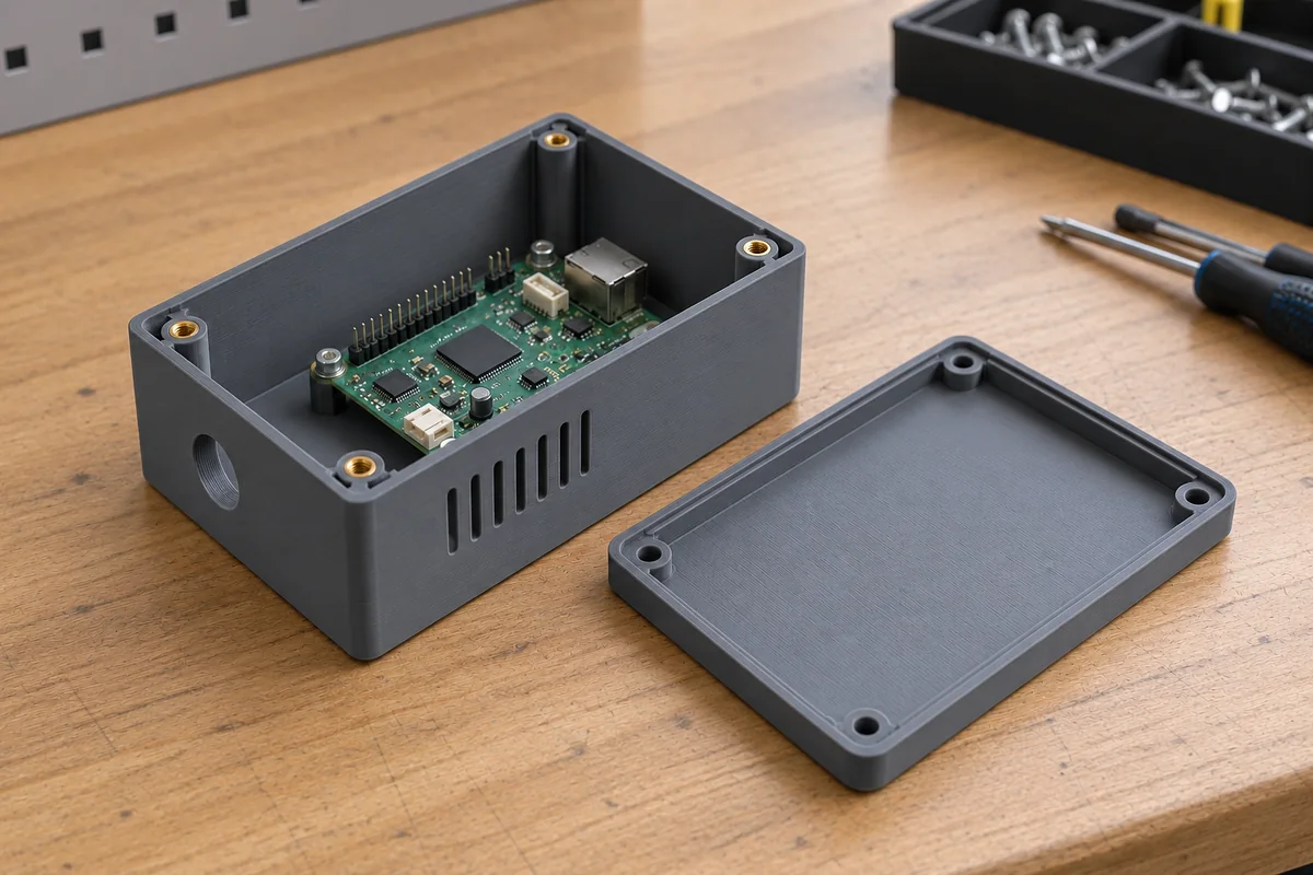 3D tiskano ohišje elektronike s pokrovom in vgrajenim vezjem