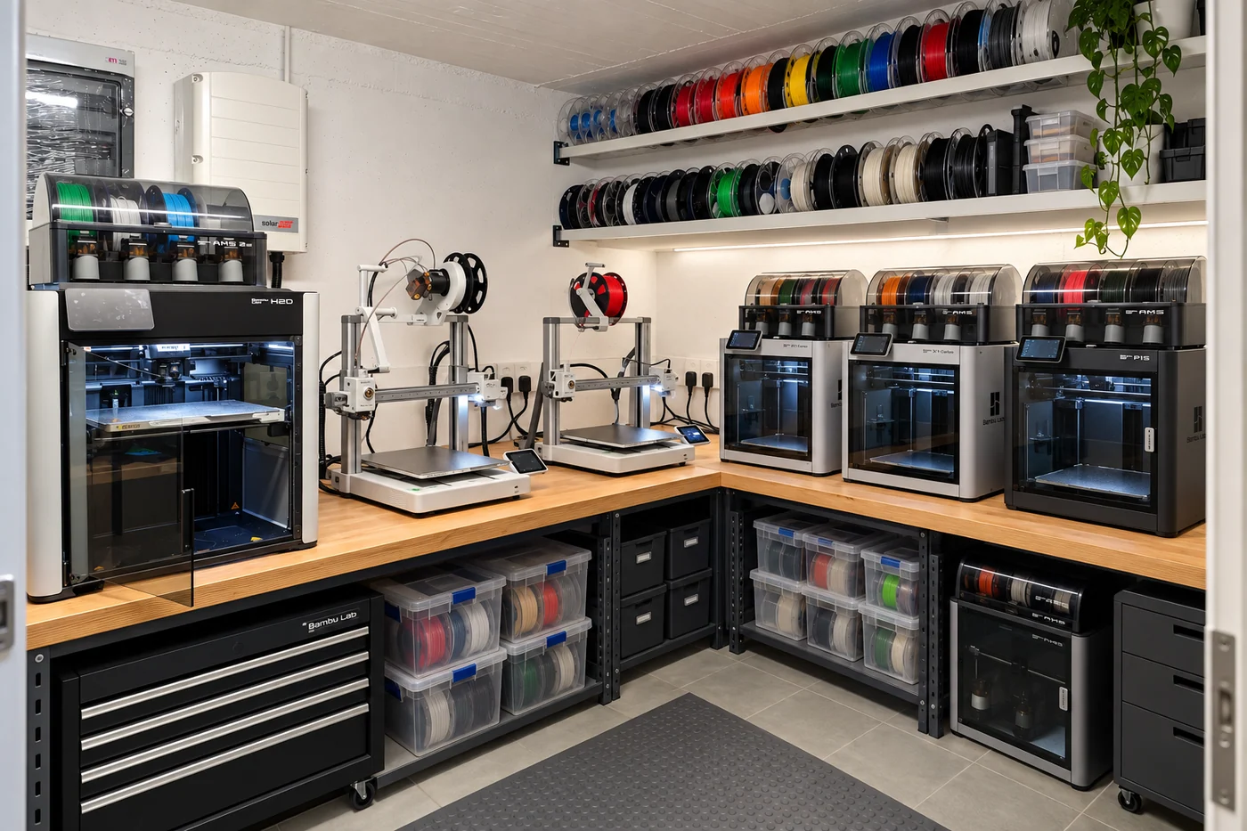 Vizualizacija razširjene in urejene delavnice PRO3D z več tiskalniki Bambu Lab